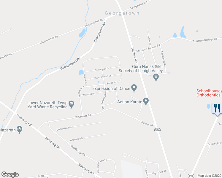 map of restaurants, bars, coffee shops, grocery stores, and more near 4442 Whitetail Drive in Nazareth