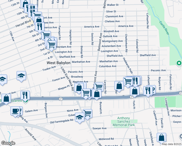 map of restaurants, bars, coffee shops, grocery stores, and more near 130 Columbus Avenue in West Babylon