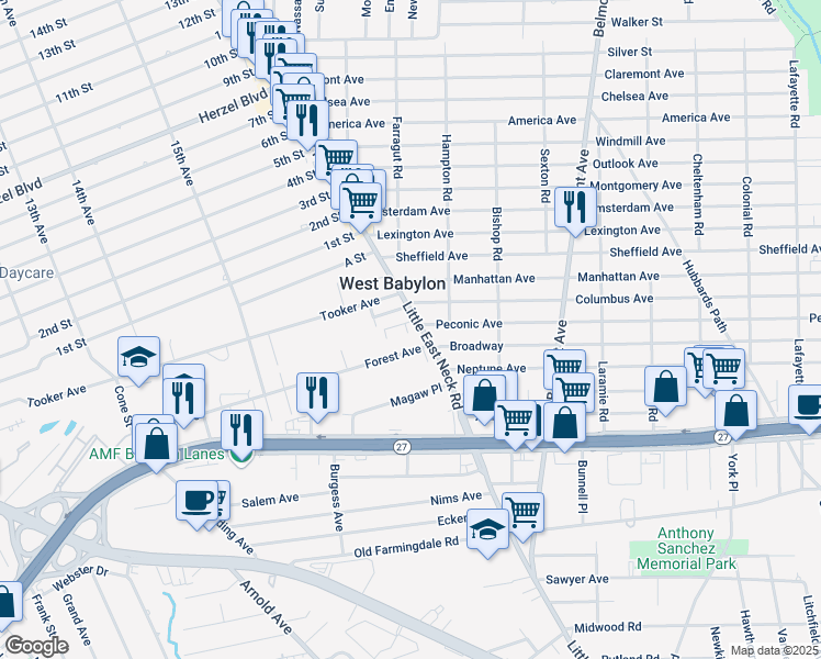 map of restaurants, bars, coffee shops, grocery stores, and more near in Babylon