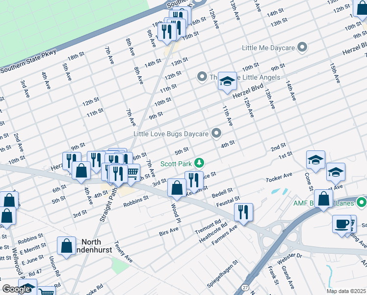 map of restaurants, bars, coffee shops, grocery stores, and more near 840 6th Street in West Babylon