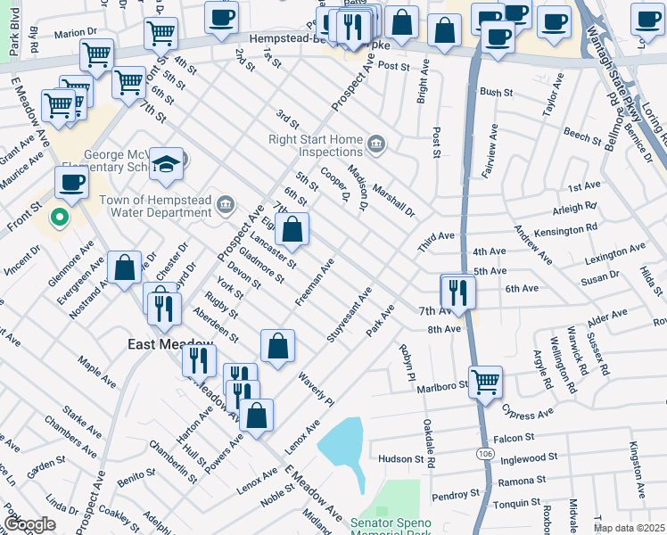 map of restaurants, bars, coffee shops, grocery stores, and more near 2441 7th Street in East Meadow