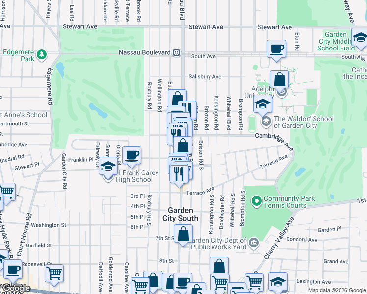 map of restaurants, bars, coffee shops, grocery stores, and more near 114 Cambridge Avenue in Garden City