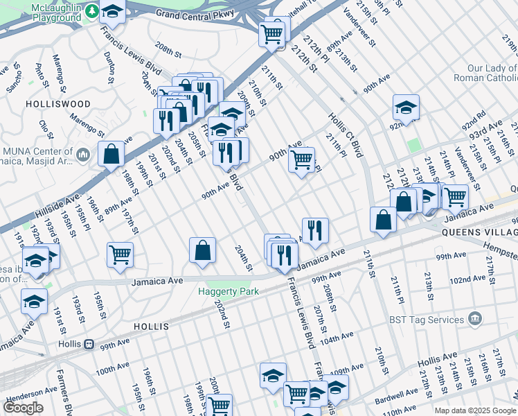 map of restaurants, bars, coffee shops, grocery stores, and more near 90-27 Francis Lewis Boulevard in Queens