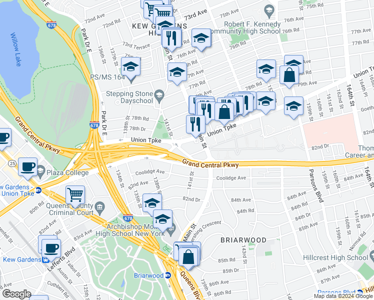 map of restaurants, bars, coffee shops, grocery stores, and more near in Queens