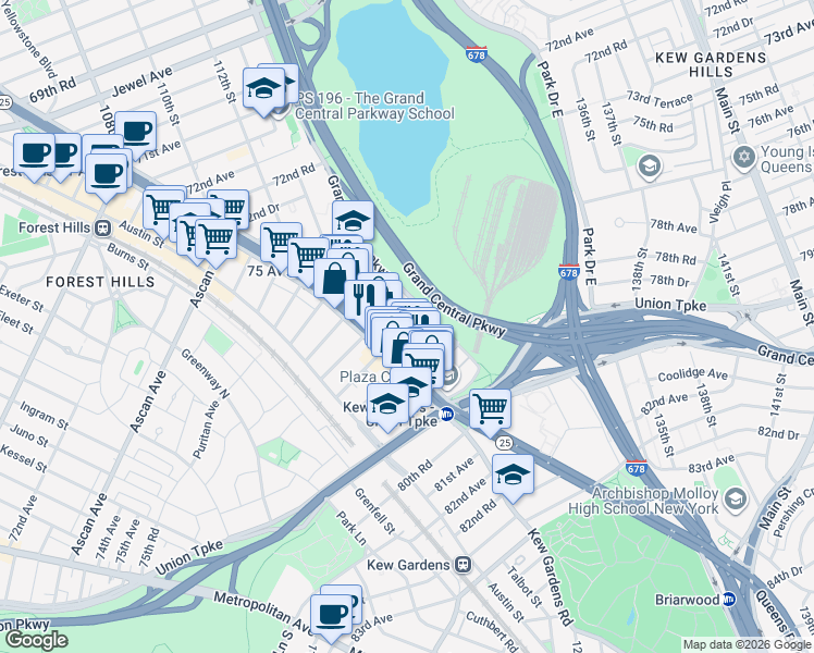 map of restaurants, bars, coffee shops, grocery stores, and more near 76-30 Grand Central Parkway in Queens
