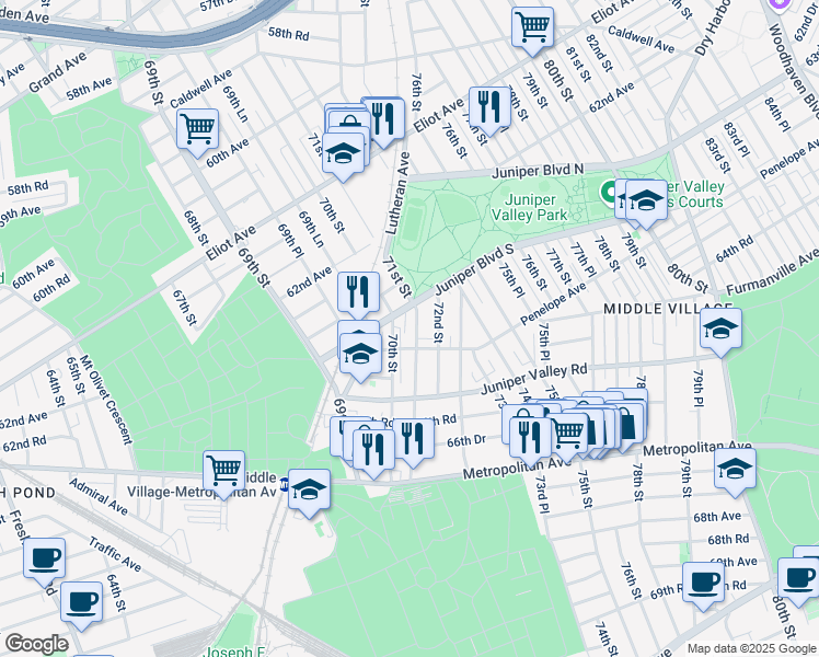 map of restaurants, bars, coffee shops, grocery stores, and more near 63-01 71st Street in Queens