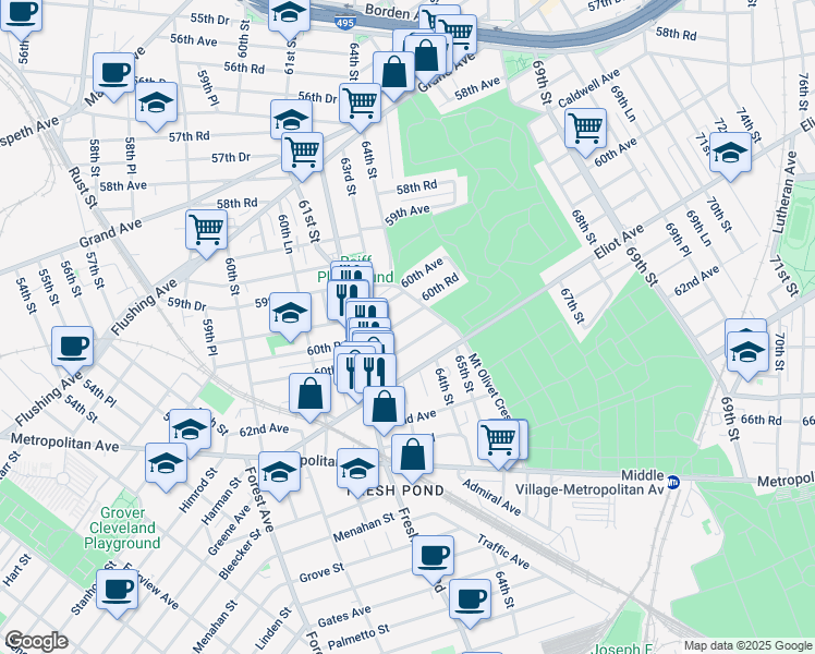map of restaurants, bars, coffee shops, grocery stores, and more near 64-04 60th Road in Queens