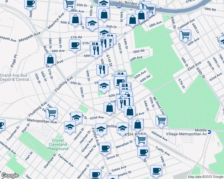map of restaurants, bars, coffee shops, grocery stores, and more near 59-61 60th Lane in Queens