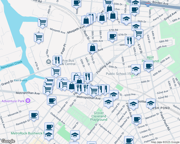 map of restaurants, bars, coffee shops, grocery stores, and more near 5905 56th Street in Queens