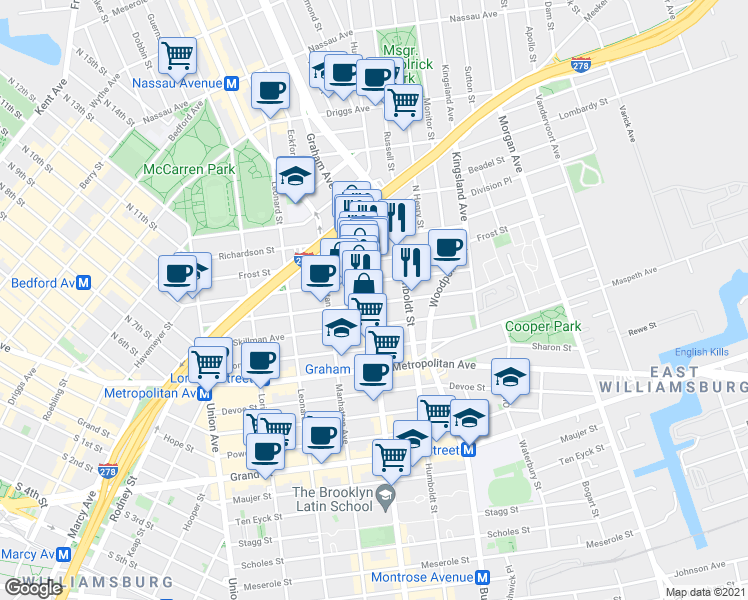 map of restaurants, bars, coffee shops, grocery stores, and more near 189 Withers Street in Brooklyn