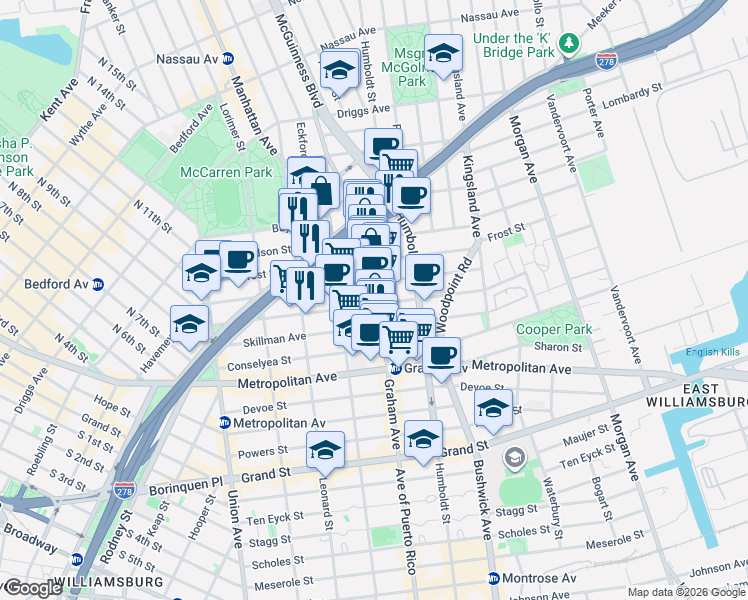 map of restaurants, bars, coffee shops, grocery stores, and more near 159 Withers Street in Brooklyn
