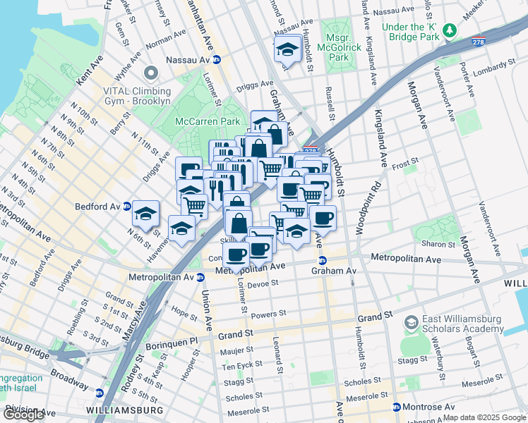 map of restaurants, bars, coffee shops, grocery stores, and more near 282 Meeker Avenue in Brooklyn