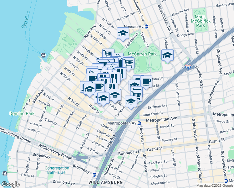 map of restaurants, bars, coffee shops, grocery stores, and more near in Brooklyn
