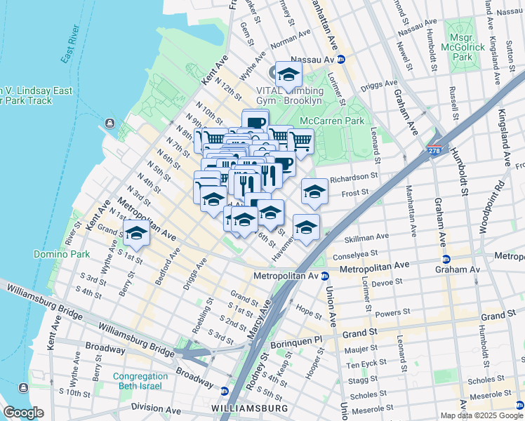 map of restaurants, bars, coffee shops, grocery stores, and more near 534 Driggs Avenue in Brooklyn