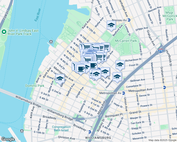 map of restaurants, bars, coffee shops, grocery stores, and more near 155 North 7th Street in Brooklyn