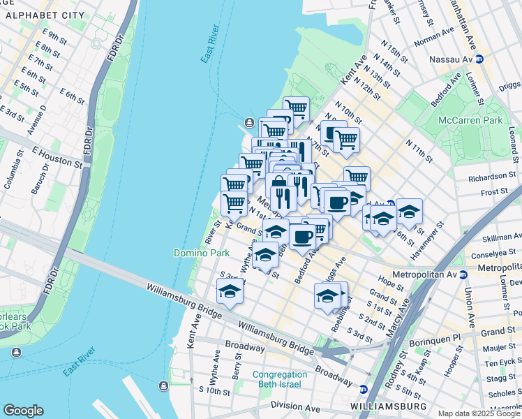 map of restaurants, bars, coffee shops, grocery stores, and more near 225 Wythe Avenue in Brooklyn