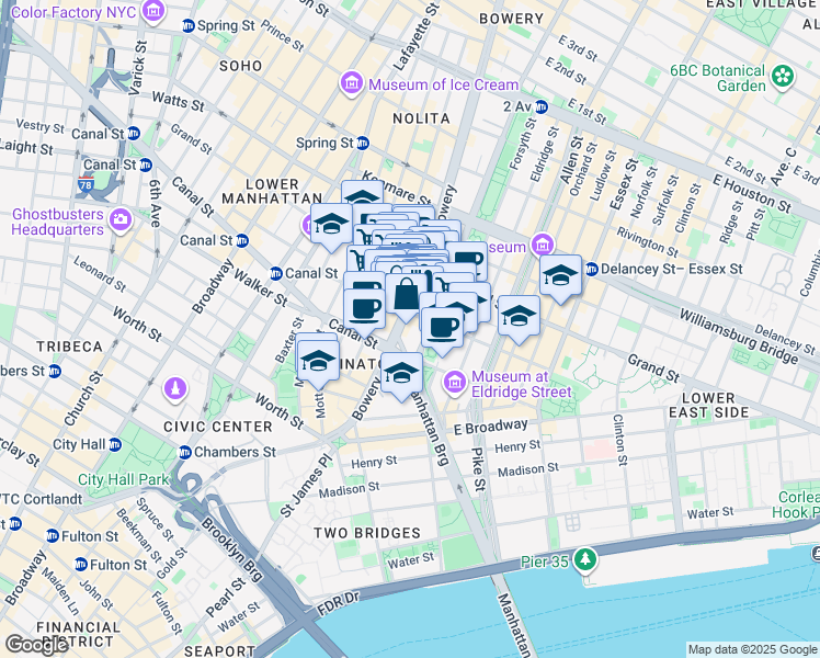 map of restaurants, bars, coffee shops, grocery stores, and more near 237 Grand Street in New York