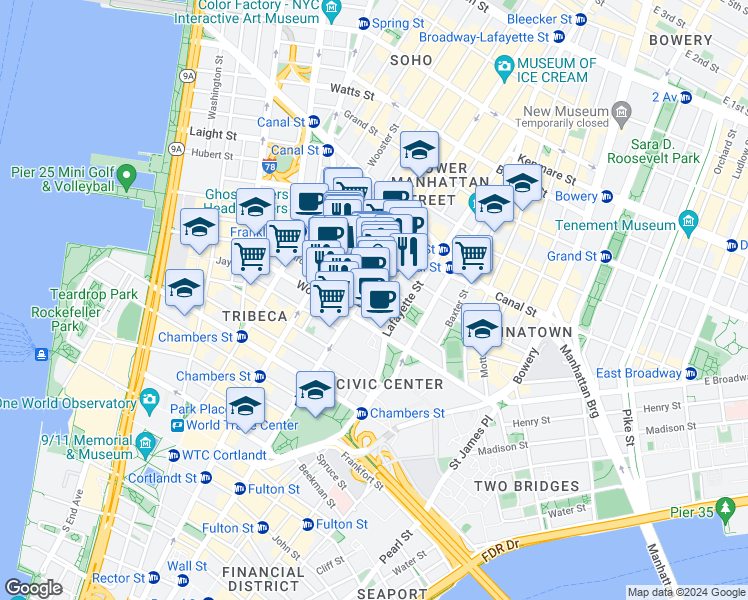map of restaurants, bars, coffee shops, grocery stores, and more near 51-53 White Street in New York