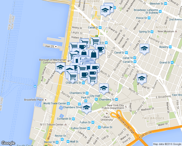 map of restaurants, bars, coffee shops, grocery stores, and more near in New York
