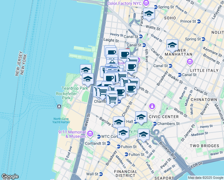 map of restaurants, bars, coffee shops, grocery stores, and more near 165 Duane Street in New York