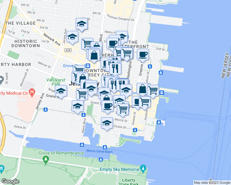map of restaurants, bars, coffee shops, grocery stores, and more near 25 Christopher Columbus Drive in Jersey City