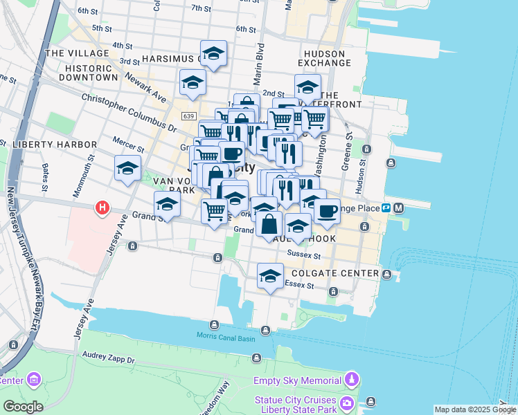 map of restaurants, bars, coffee shops, grocery stores, and more near 128 Montgomery Street in Jersey City