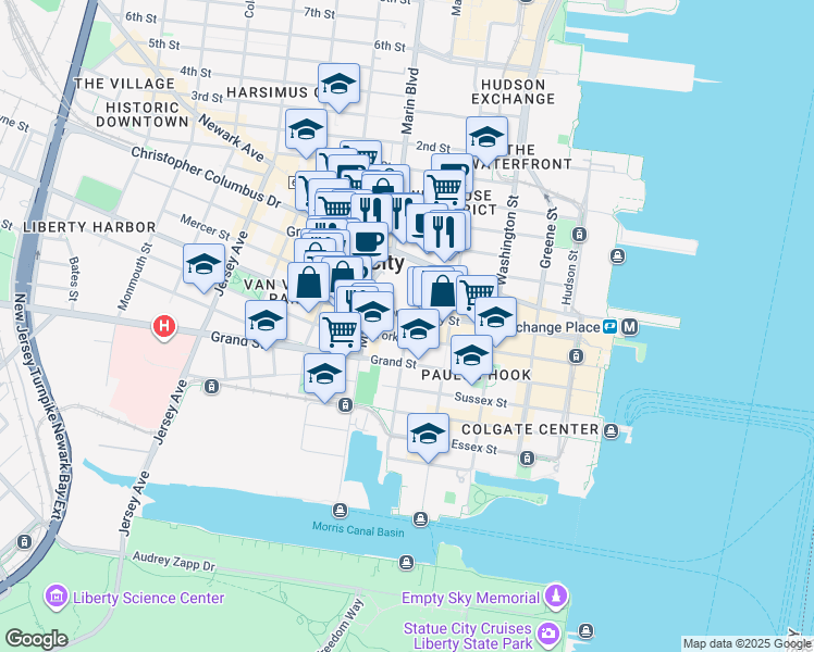 map of restaurants, bars, coffee shops, grocery stores, and more near 201 Montgomery Street in Jersey City