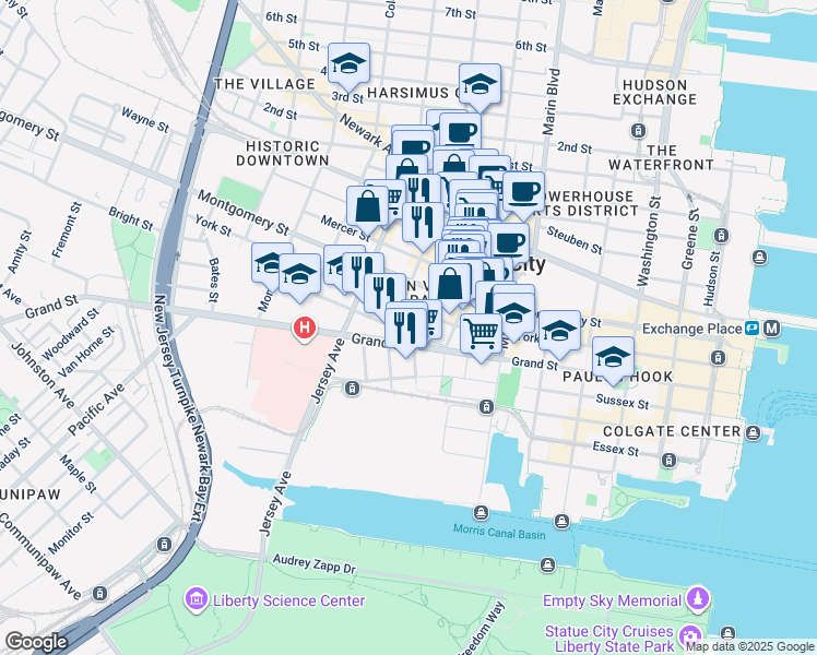map of restaurants, bars, coffee shops, grocery stores, and more near 258 Barrow Street in Jersey City