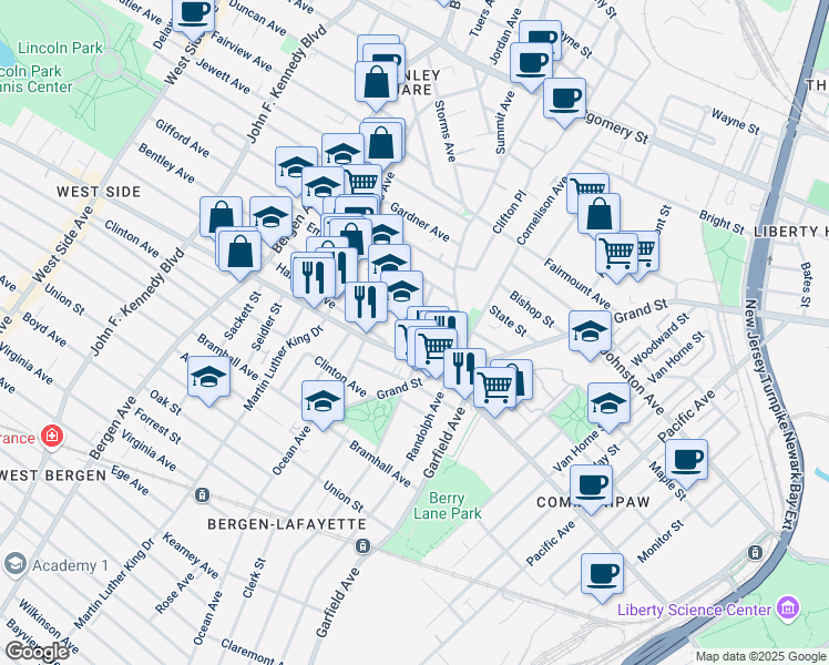 map of restaurants, bars, coffee shops, grocery stores, and more near 54 County Road 715 in Jersey City