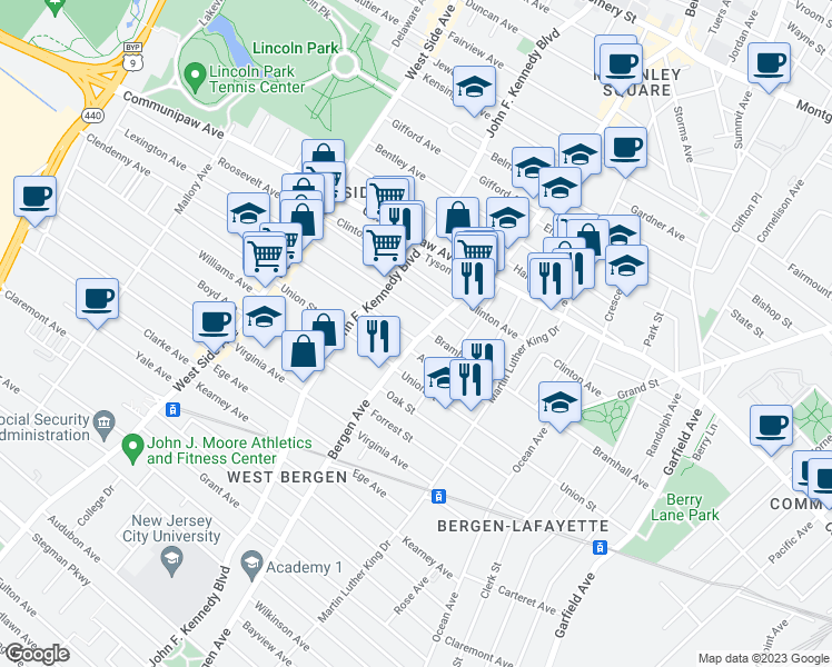map of restaurants, bars, coffee shops, grocery stores, and more near 467 Bergen Avenue in Jersey City