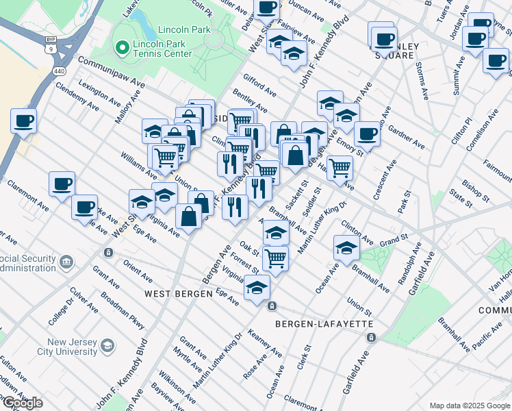 map of restaurants, bars, coffee shops, grocery stores, and more near 33 Lexington Avenue in Jersey City
