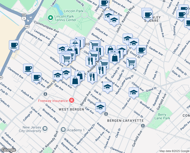 map of restaurants, bars, coffee shops, grocery stores, and more near 33 Lexington Avenue in Jersey City