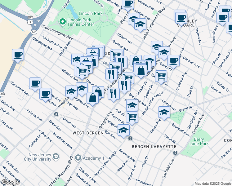 map of restaurants, bars, coffee shops, grocery stores, and more near 33 Lexington Avenue in Jersey City