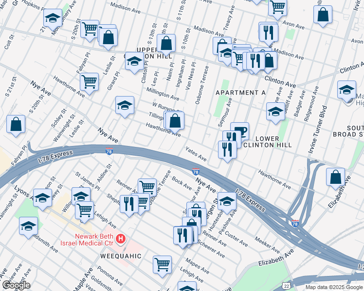 map of restaurants, bars, coffee shops, grocery stores, and more near 147 Osborne Terrace in Newark