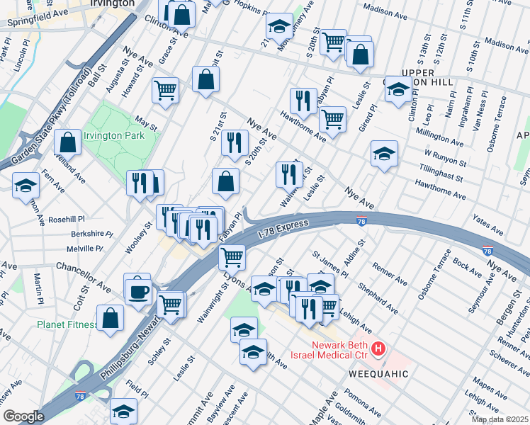 map of restaurants, bars, coffee shops, grocery stores, and more near in Newark