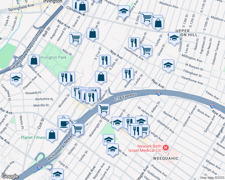map of restaurants, bars, coffee shops, grocery stores, and more near in Newark