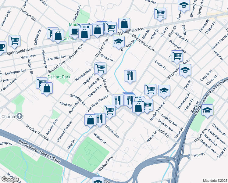 map of restaurants, bars, coffee shops, grocery stores, and more near 13 Nelson Place in Maplewood