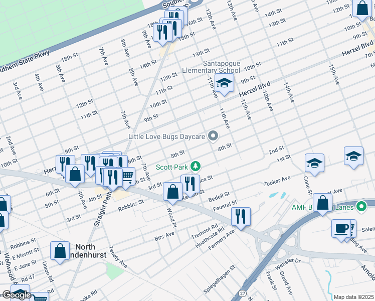 map of restaurants, bars, coffee shops, grocery stores, and more near 5th St & 9th Ave in West Babylon