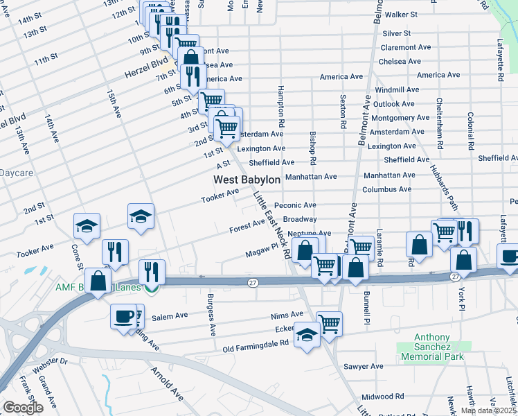 map of restaurants, bars, coffee shops, grocery stores, and more near 870 Little East Neck Road in West Babylon