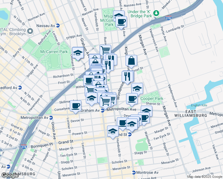 map of restaurants, bars, coffee shops, grocery stores, and more near Humboldt St & Jackson St in Brooklyn