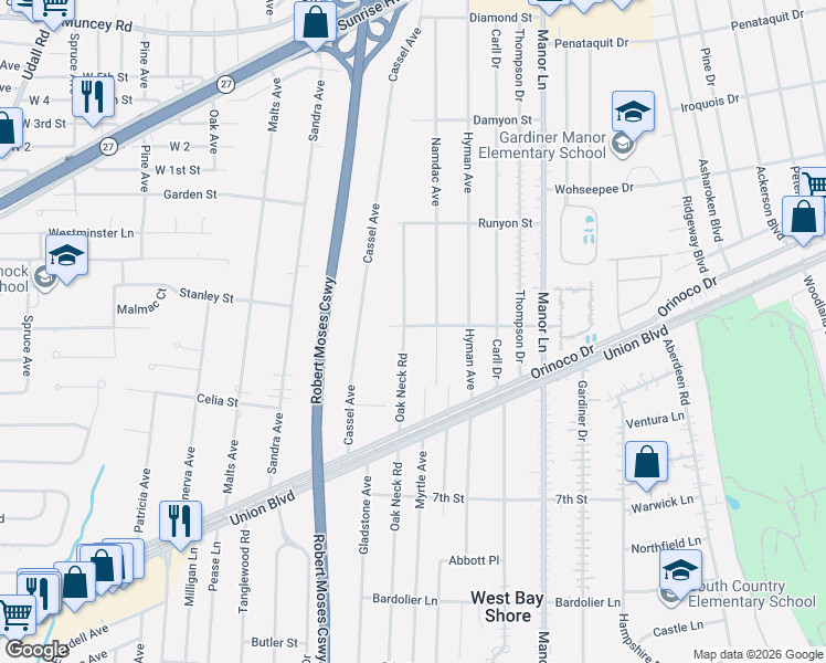 map of restaurants, bars, coffee shops, grocery stores, and more near 1100 Oak Neck Road in Bay Shore