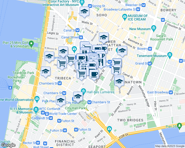 map of restaurants, bars, coffee shops, grocery stores, and more near 1 Franklin Place in New York