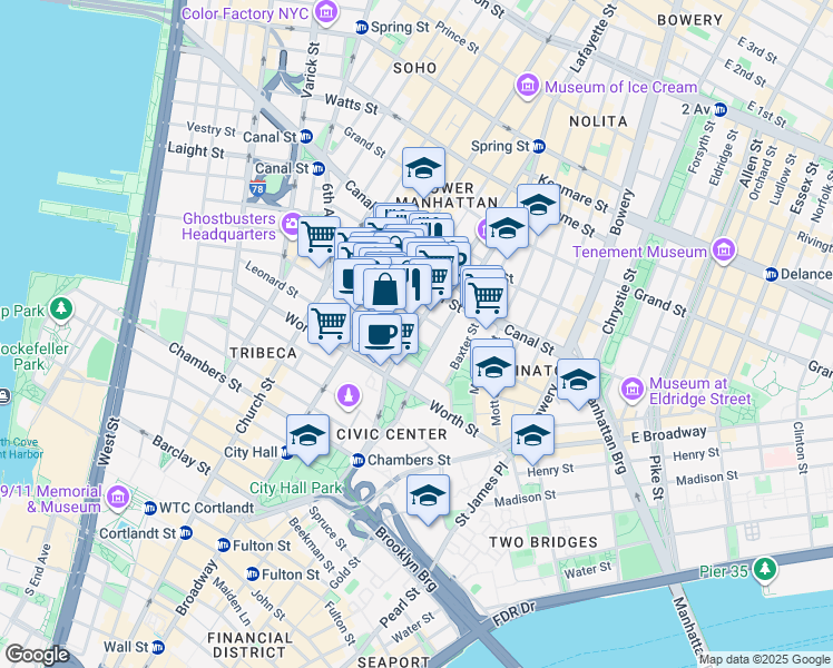 map of restaurants, bars, coffee shops, grocery stores, and more near 75 Lafayette Street in New York