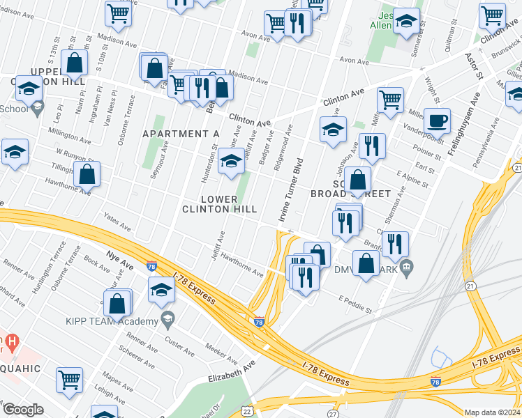 map of restaurants, bars, coffee shops, grocery stores, and more near 197 Ridgewood Avenue in Newark
