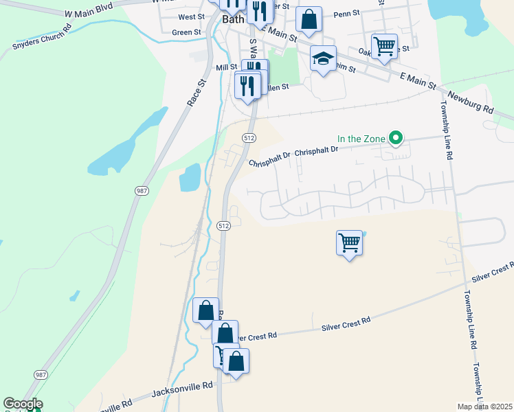 map of restaurants, bars, coffee shops, grocery stores, and more near 158 Brentwood Circle in Bath