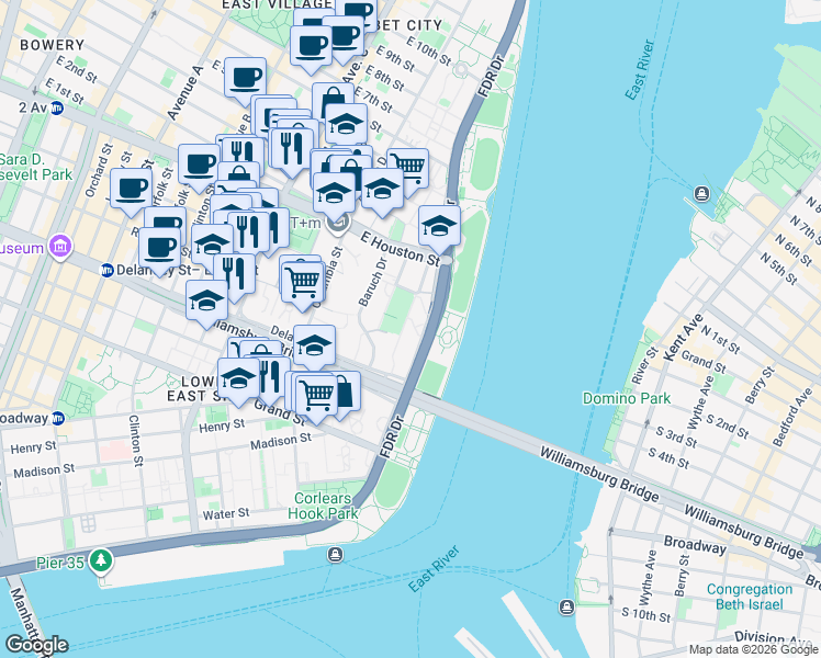 map of restaurants, bars, coffee shops, grocery stores, and more near 555 FDR Drive in New York