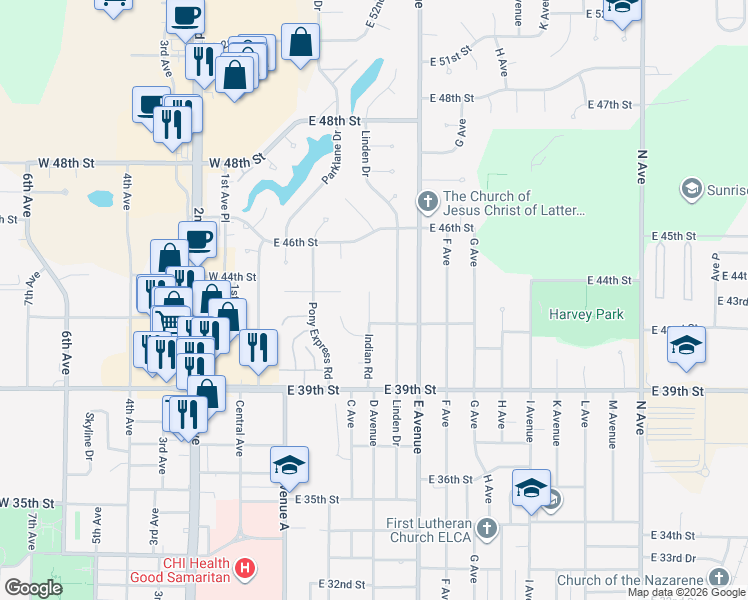 map of restaurants, bars, coffee shops, grocery stores, and more near 4399 Indian Road in Kearney