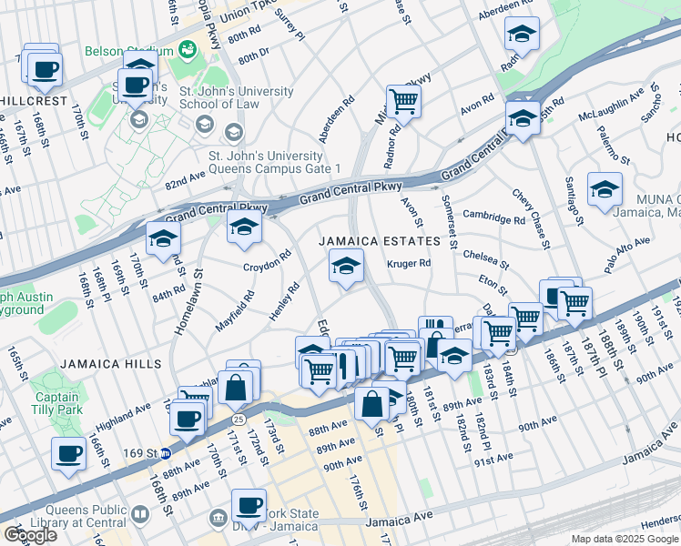 map of restaurants, bars, coffee shops, grocery stores, and more near 85-23 Wareham Place in Queens