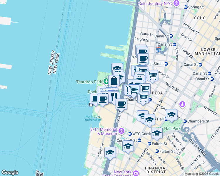 map of restaurants, bars, coffee shops, grocery stores, and more near 325 North End Avenue in New York