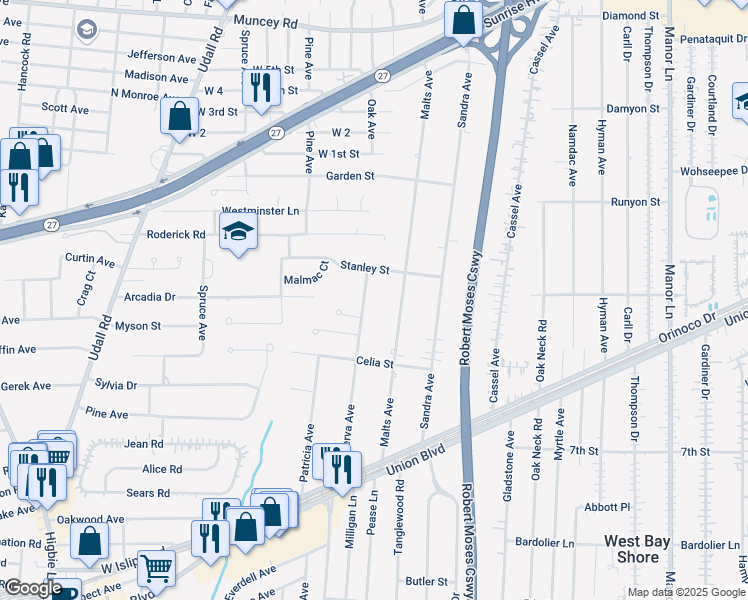 map of restaurants, bars, coffee shops, grocery stores, and more near 876 Stanley Street in West Islip